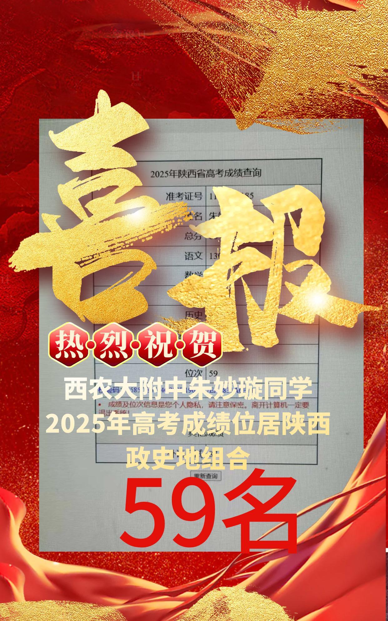 祝贺西农大附中朱妙璇同学全省59名！热烈祝贺西农大附中高三文科班朱妙璇获得全省5