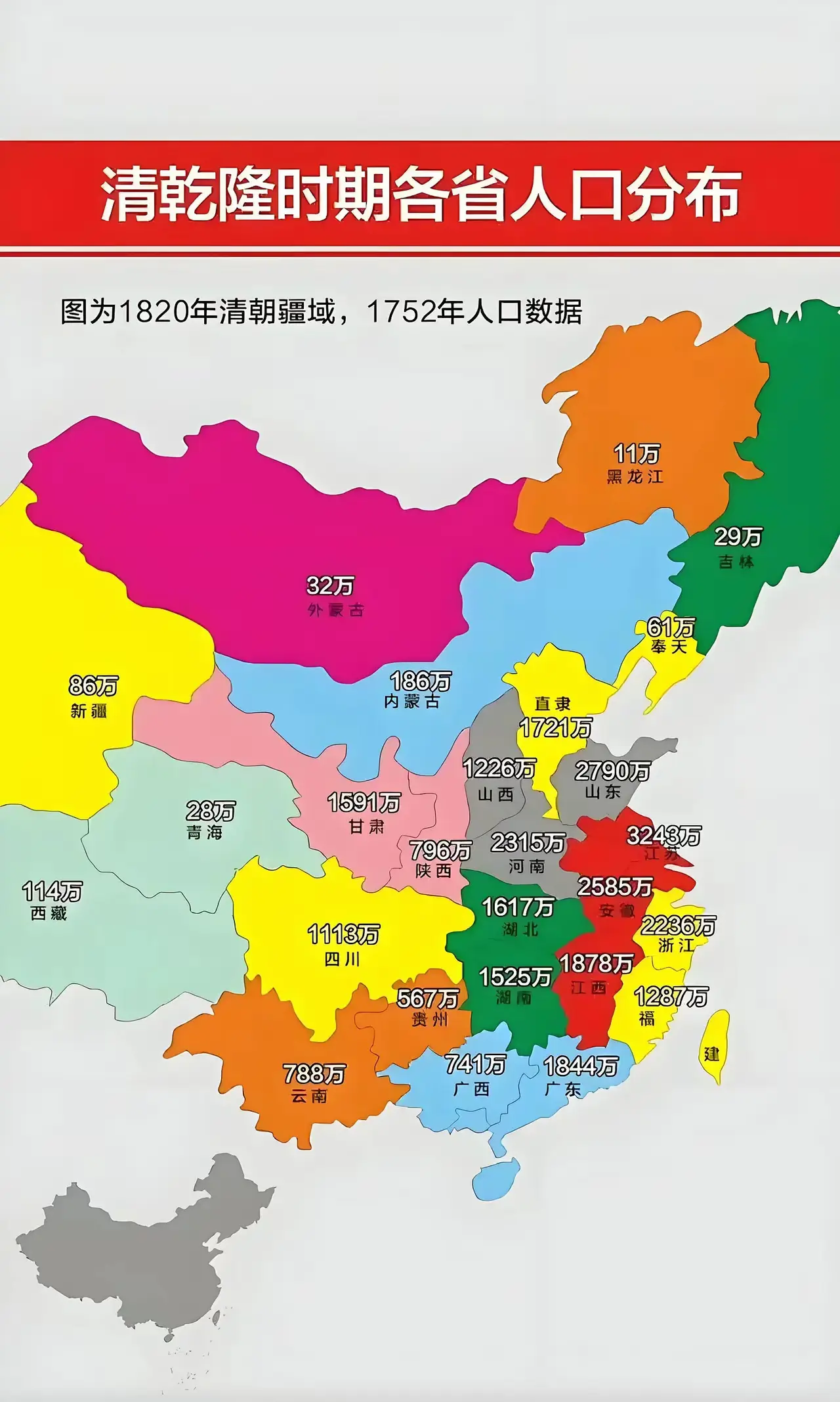 清朝乾隆时期各省人口分布。
