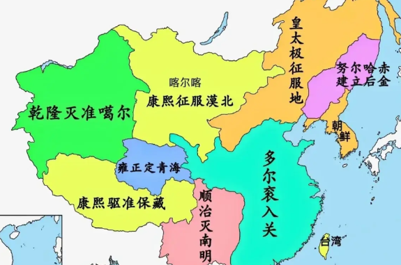 看这个图，才明白清朝确实生猛，尤其是清前期几代君王，个个强悍。
努尔哈赤和皇太极