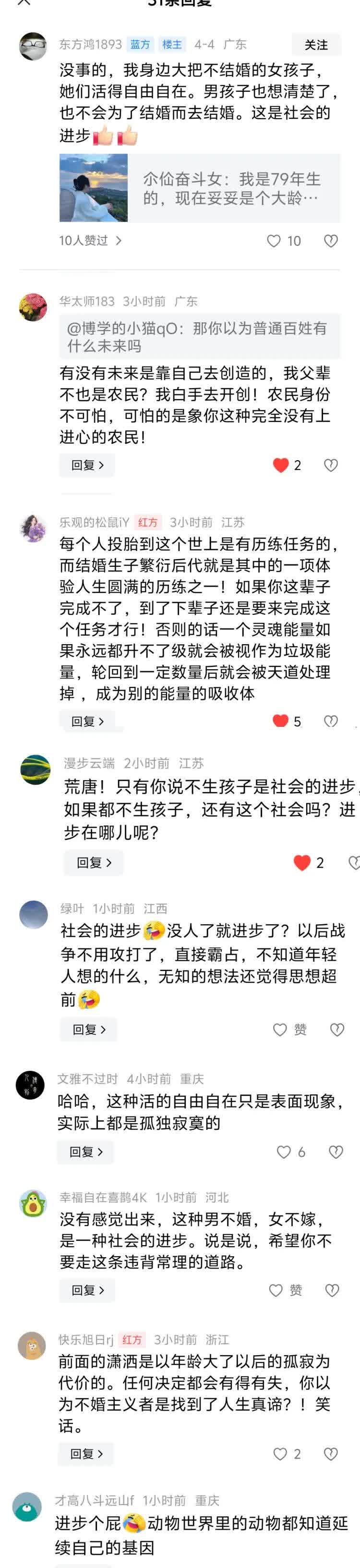 某人说不结婚生子，是社会的进步。结果，评论区把他怼惨了！不知持这种理论的人结婚生