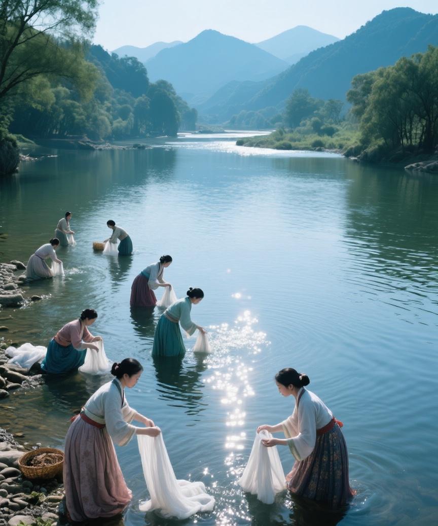 #AI妙生图#
河畔洗衣，时光缓缓流淌，山水相映，于平淡处见生活诗意，静谧中寻内