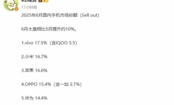 荣米OV华看看销量排名吧，25年6月国内手机市场整体销量相比5月增长10%了
