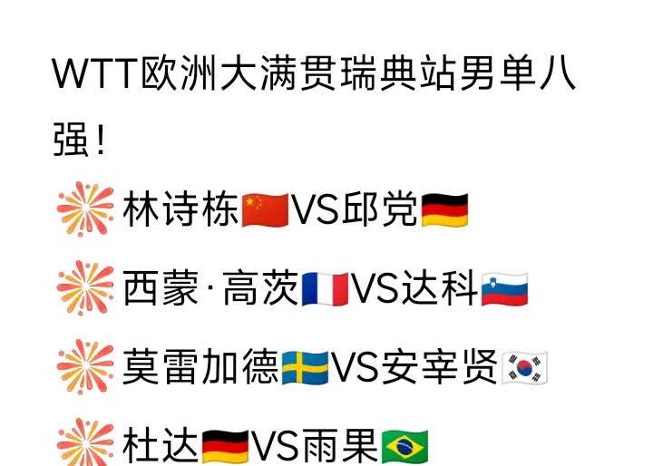 男单八强里没有日本选手[大笑]！
WTT欧洲大满贯瑞典站男单八强如图所示。

