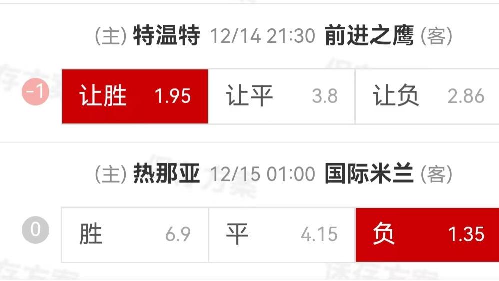 {一脚球}竞彩推荐：特温特VS前进之鹰+热那亚VS国际米兰