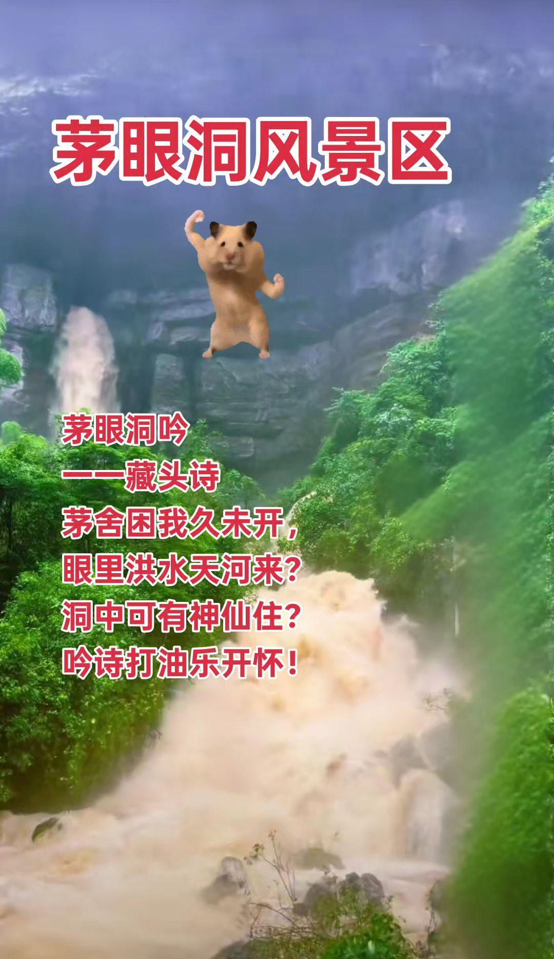 一一藏头诗
茅舍困我久未开，
眼里洪水山中来？
洞中可有神仙位？
吟诗打油乐开怀