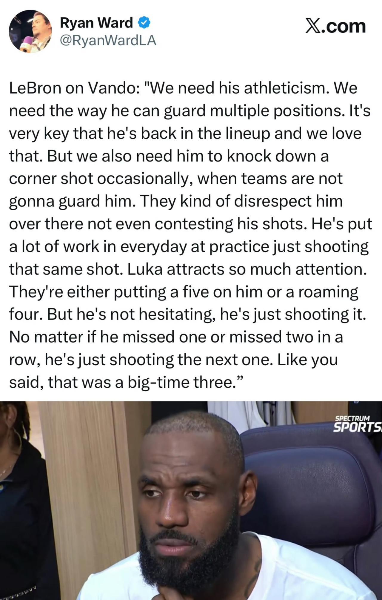 詹姆斯谈及范德比尔特时表示：
我们需要他的运动能力，需要他能防守多个位置的全能性