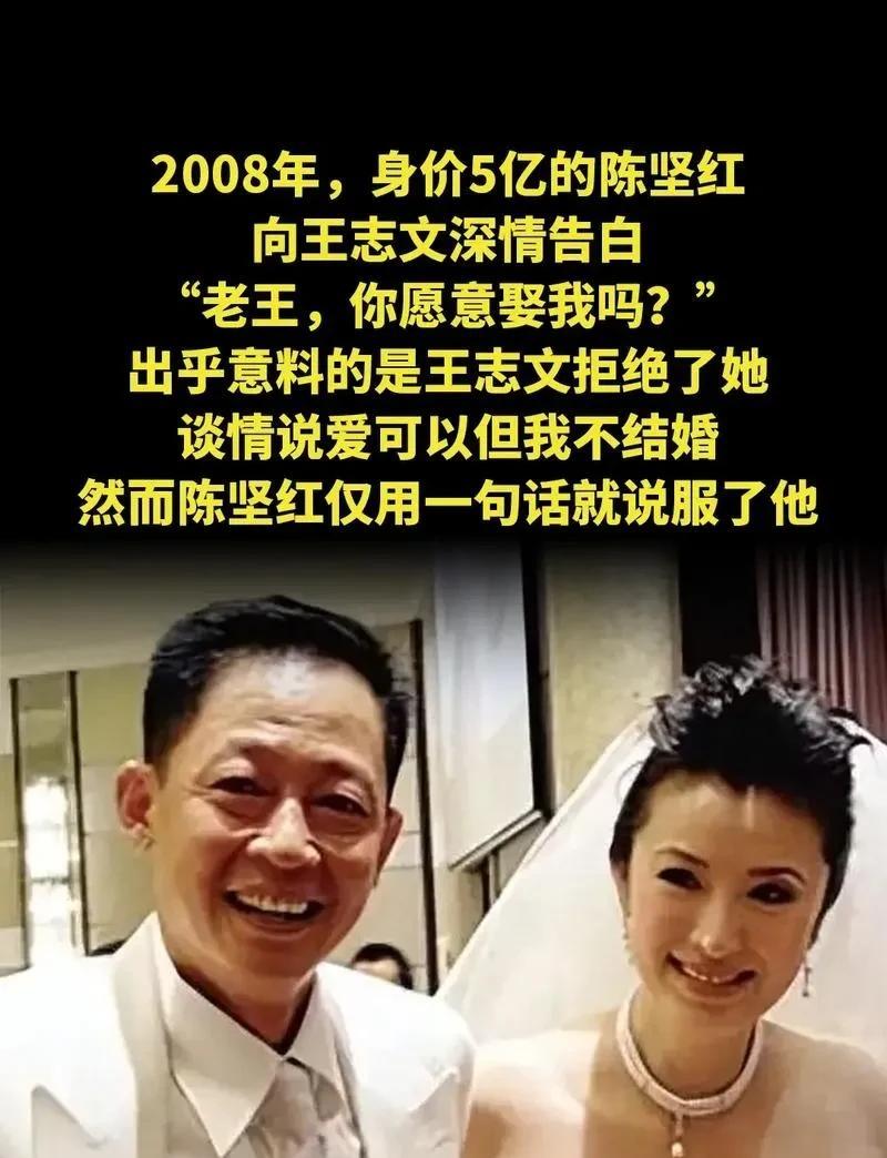 2008年，女富婆陈坚红迷上了王志文，她抛出一个无法拒绝的条件，“我五亿身家，年