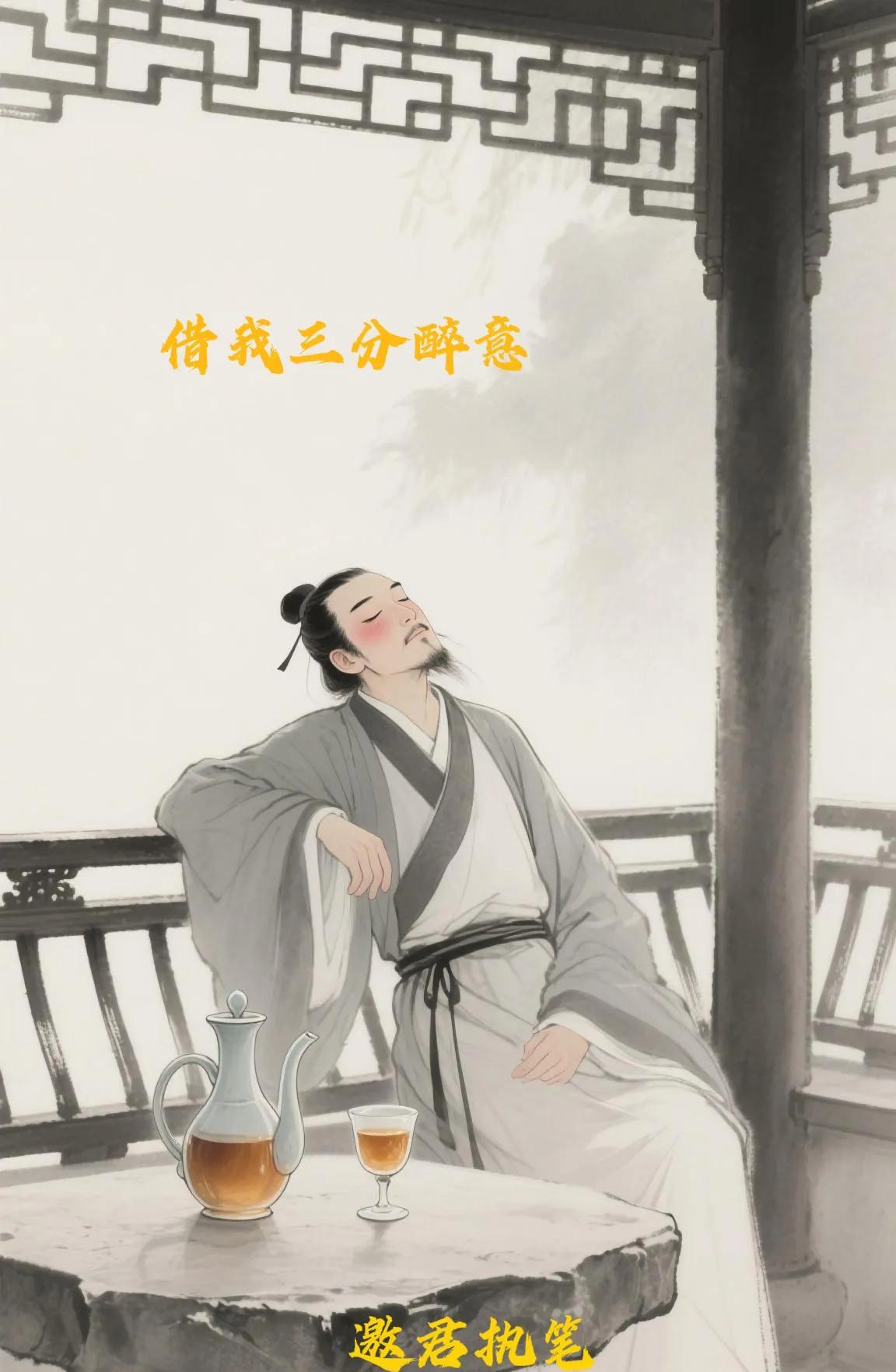 #上联:借我三分醉意，恭请对下联#借我三分醉意，还卿一段清欢。
提壶邀月倚栏杆，