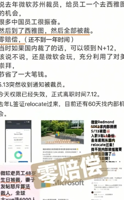 近日，有微软西雅图的中国籍员工发文求助，说他们被微软解雇，60天内没有找到新工作