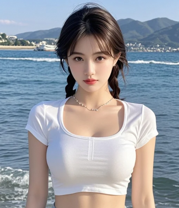她迎着阳光奔跑，身后是无尽的蔚蓝和希望。