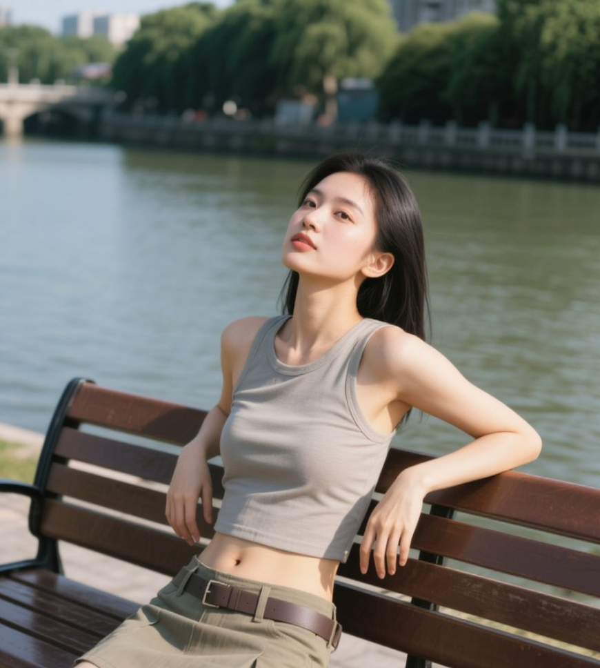 河边长椅上的亚洲美女，悠闲午后时光