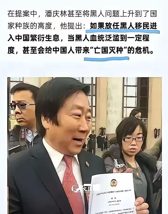 17年全国两会期间，全国政协委员潘庆林提案，表示如果放任黑人移民进入中国繁衍生息