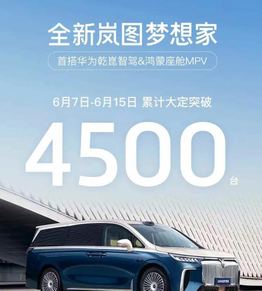 岚图梦想家，6月7日-15日累计大定破4500台，购车活动的让利下本儿了，具体促
