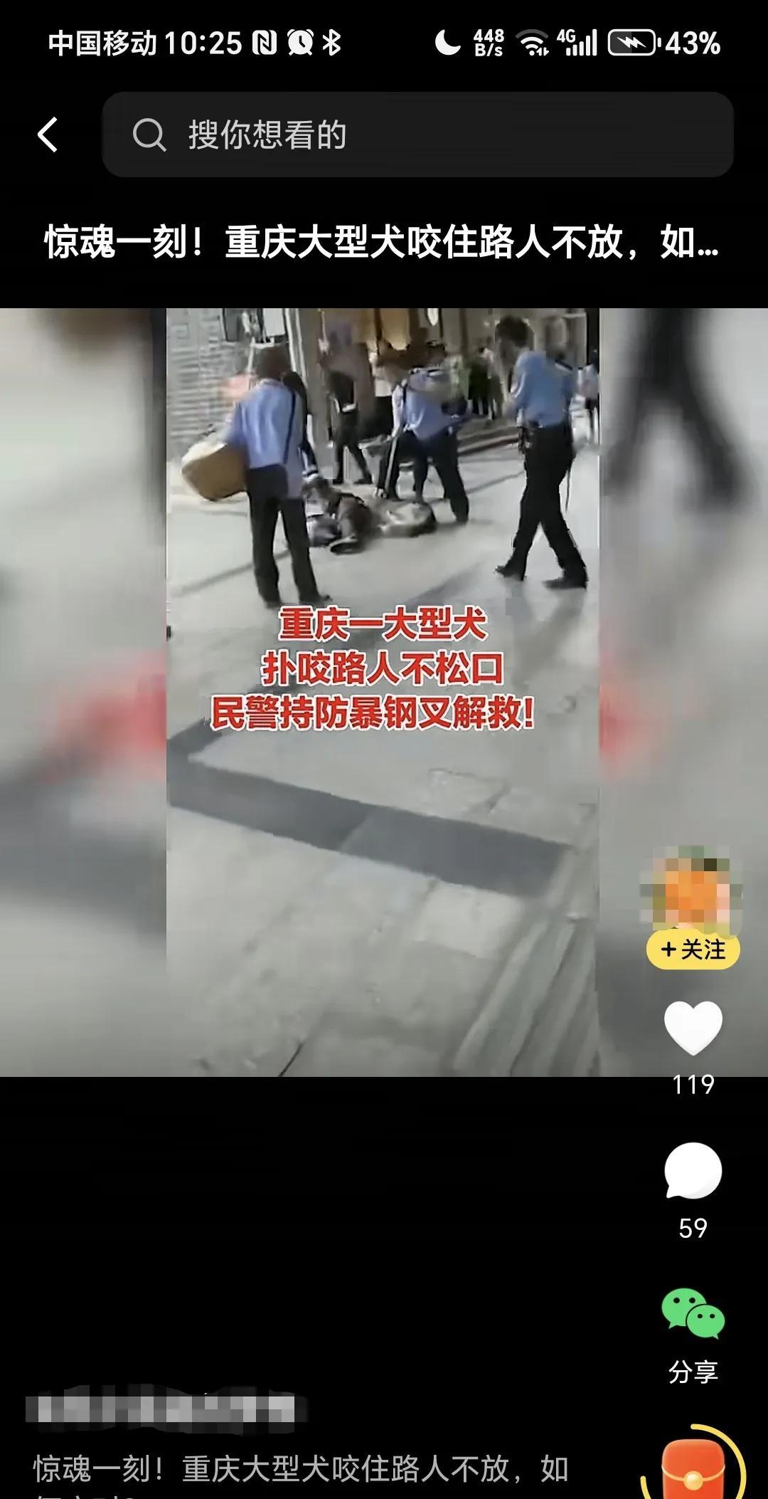惊魂一刻，重庆大型犬咬住路人不放，民警持防爆钢叉解救。
真是太可怕了，对于这些大