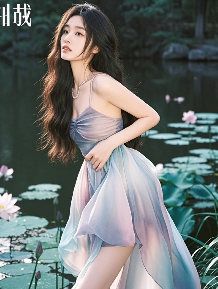 她站在荷叶间回眸，美得像一场私密的错觉