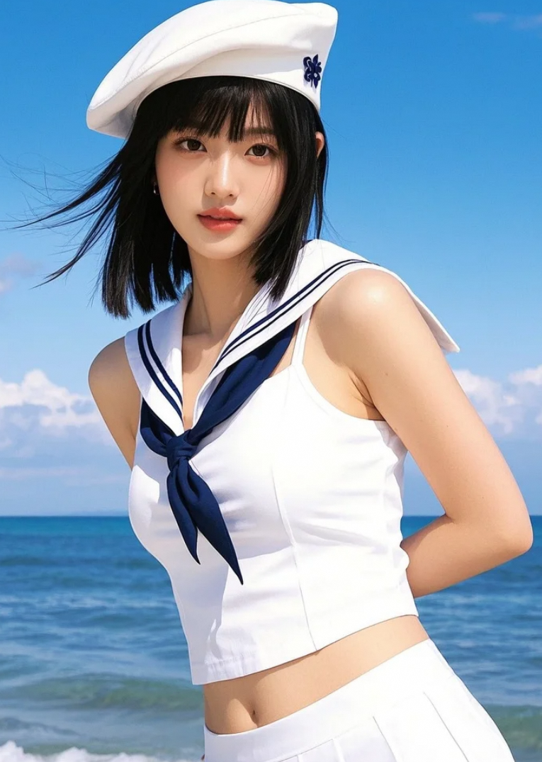 海风轻吻她的发梢，性感曲线与浪花共舞