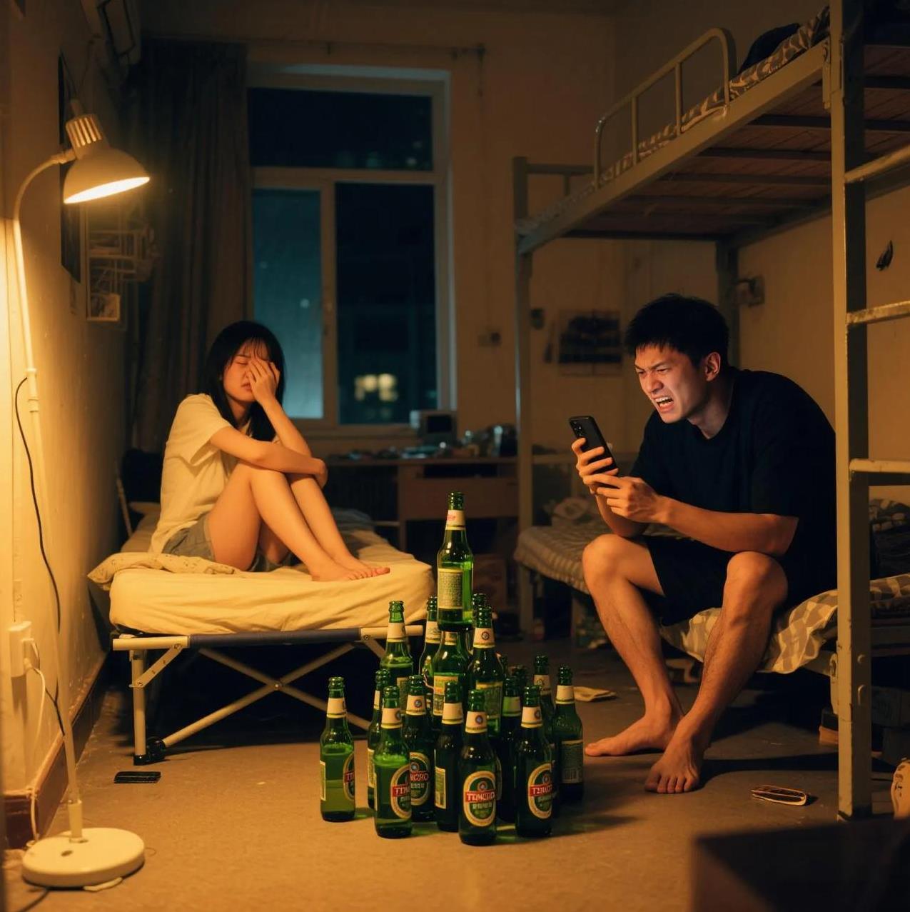 凌晨两点，合租屋里的键盘敲击声格外刺耳。小羽揉着眼睛从折叠床上坐起，看见阿林正对