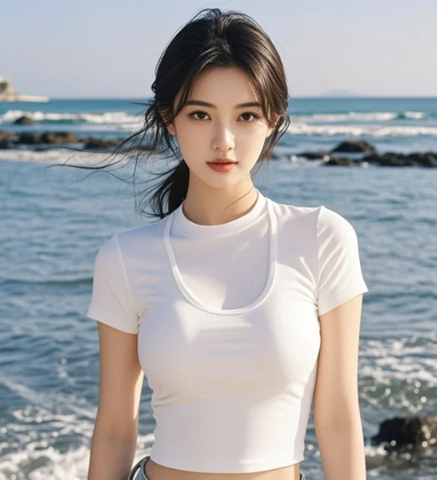 她站在海边微笑，仿佛时光从未流逝过。