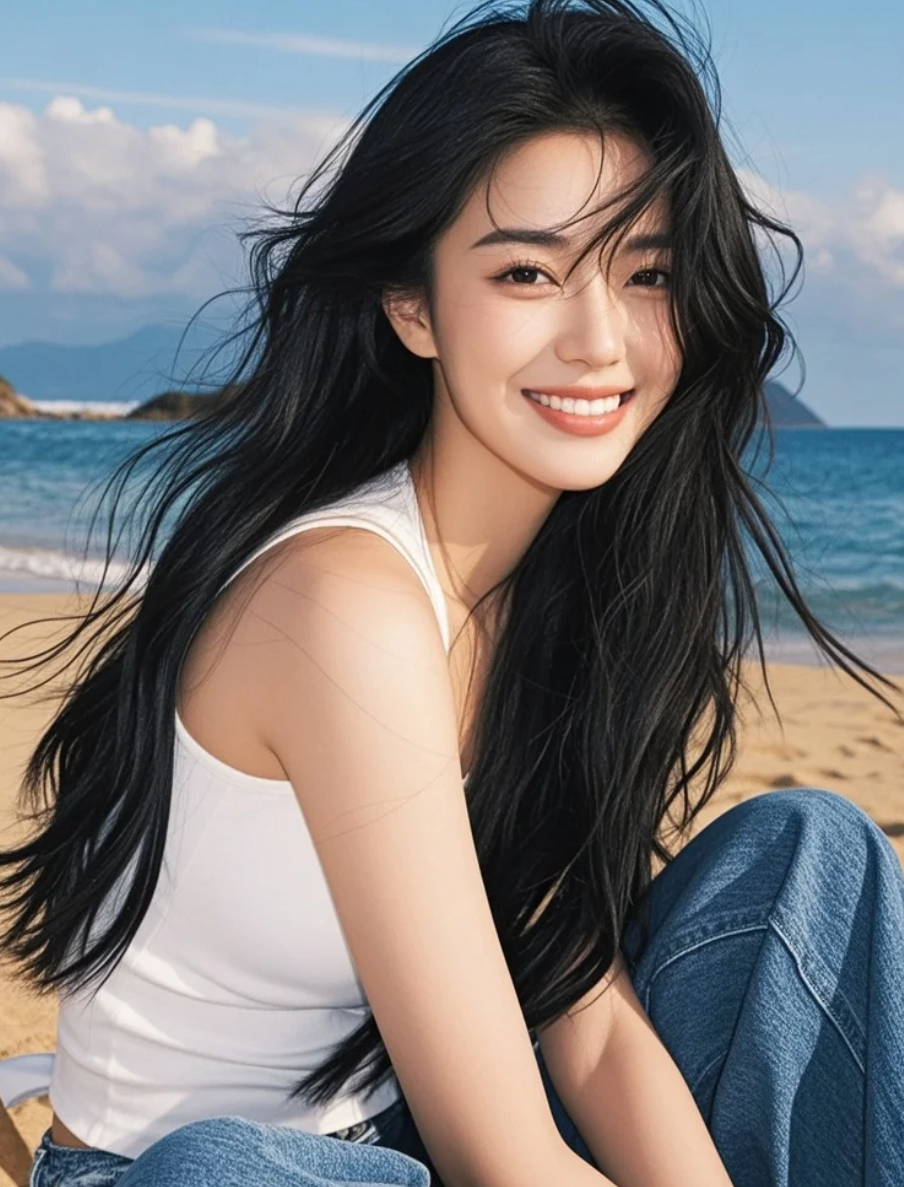 阳光洒落，沙滩上少女的温柔笑容令人心动
