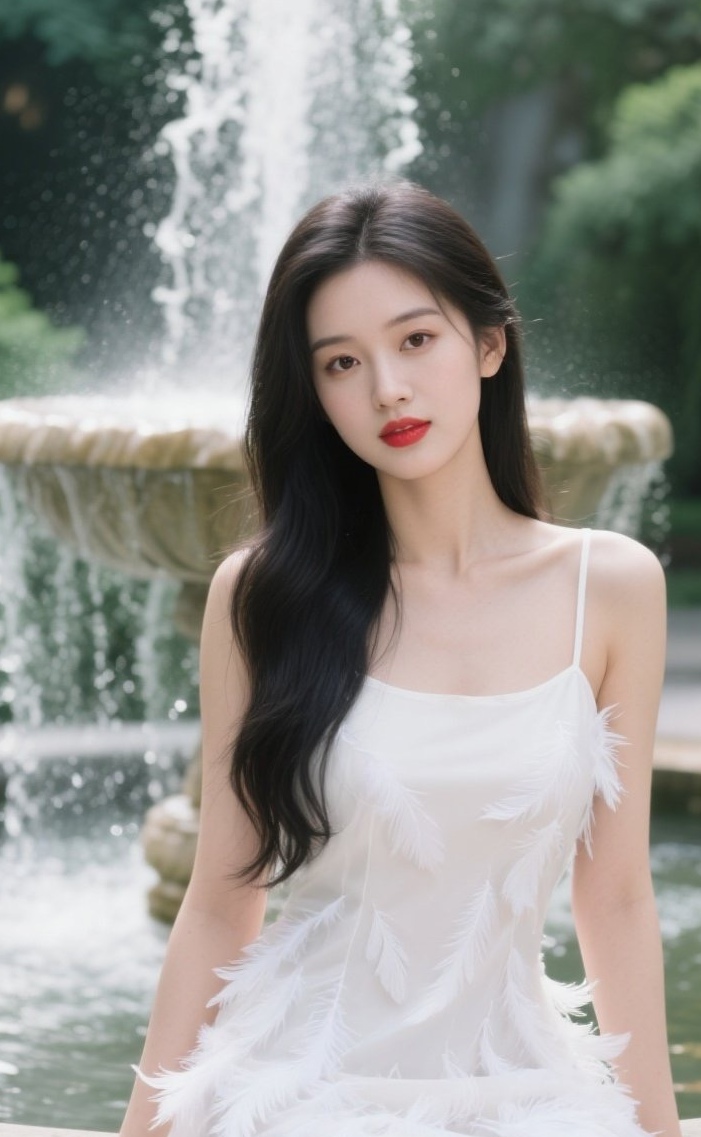 少女戏水喷泉边，灵动如诗入眼帘