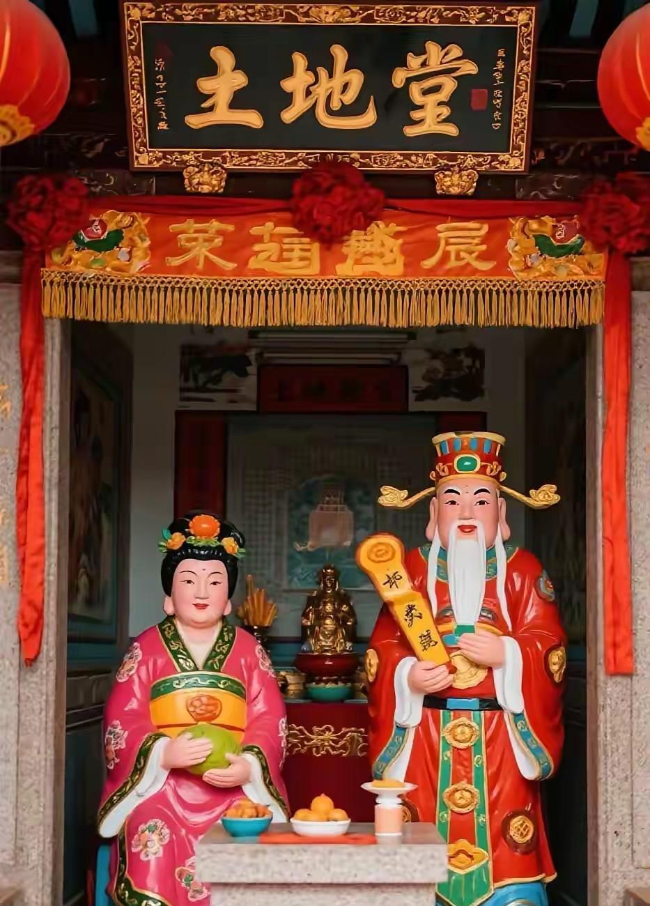 老辈人说“见了土地不拜，难消困窘”！
你瞧土地公土地婆，头戴平顶冠，身披粗布袍，