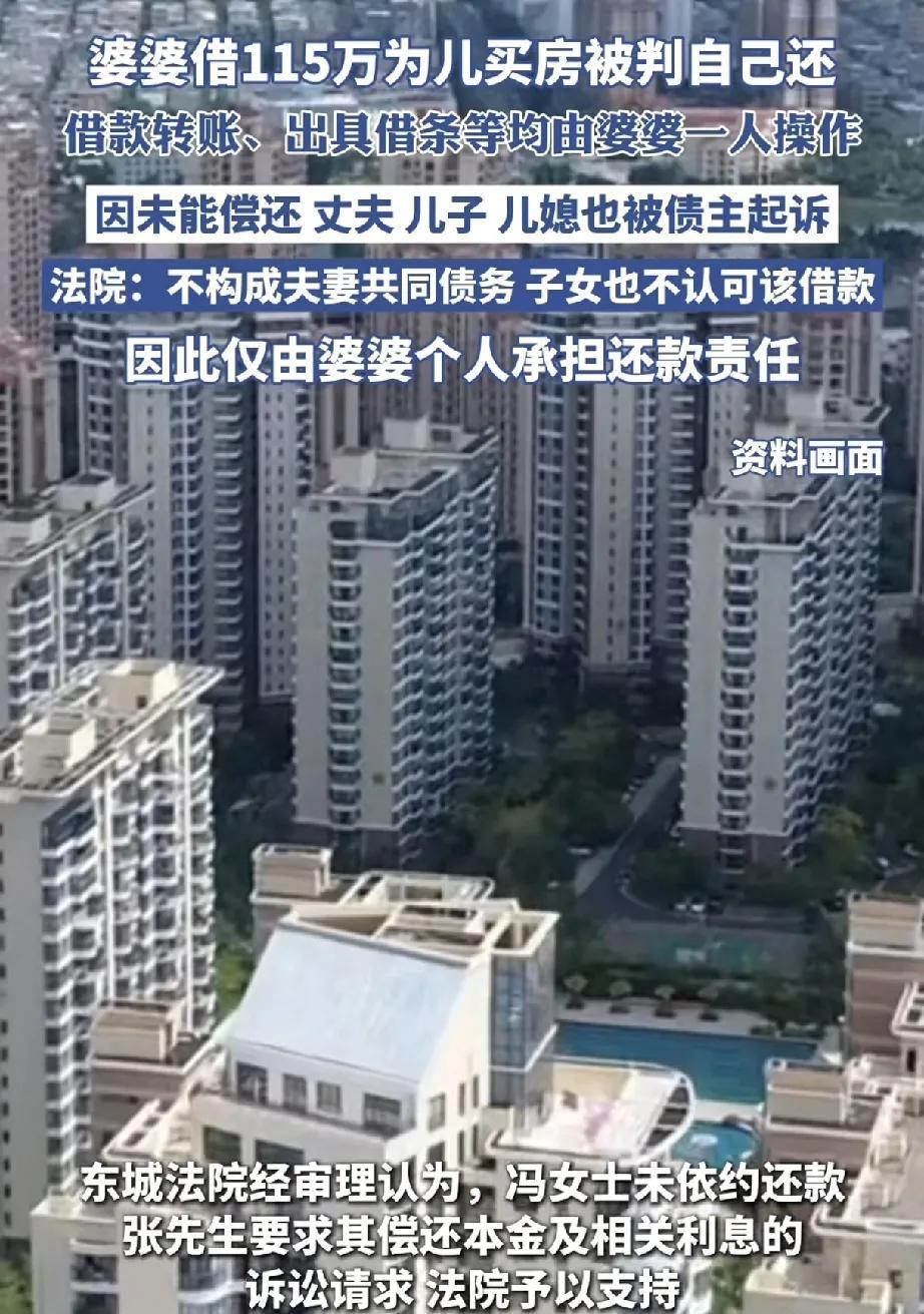 婆婆借款115万为儿买房，法院判其个人偿还
近日，北京市东城区人民法院审结的一起
