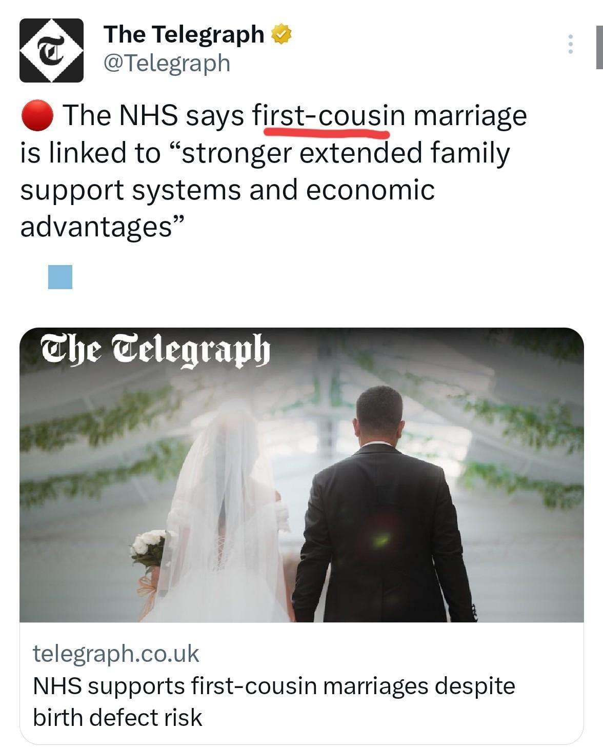 英国卫生部门准备合法化【表亲内婚姻】：“可使英国更加强大，并带来庞大的经济优势”