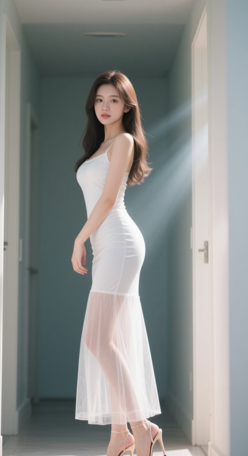 白裙少女回眸一笑，修长美腿定格时光