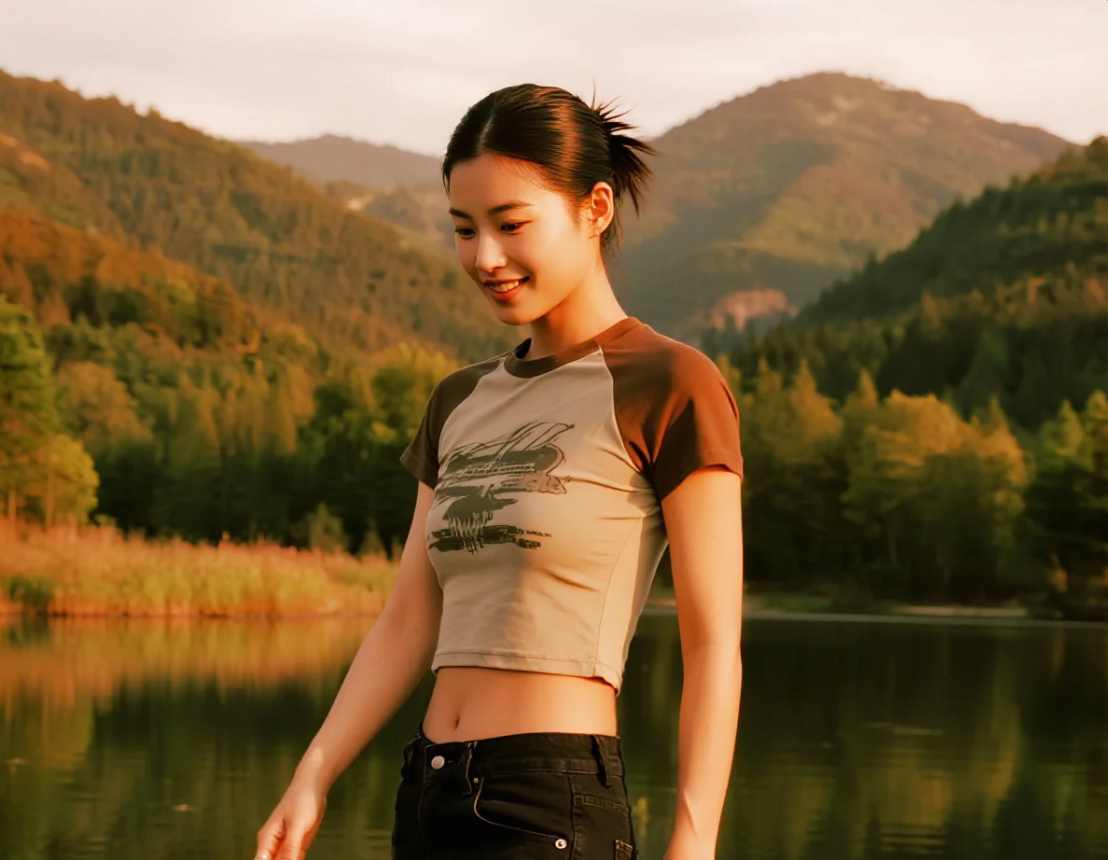 捧一掬晨光：她俯身触碰湖水的纯净画面