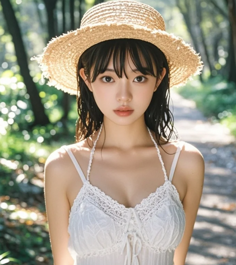 她在林间漫步的样子，让人想起了那些美好的梦想。