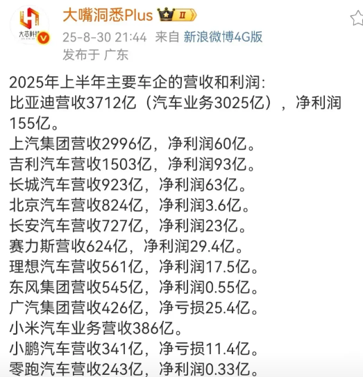 2025年上半年各车企的营收和利润。

都在说比亚迪恒大要倒了，怎么扭头一看其他