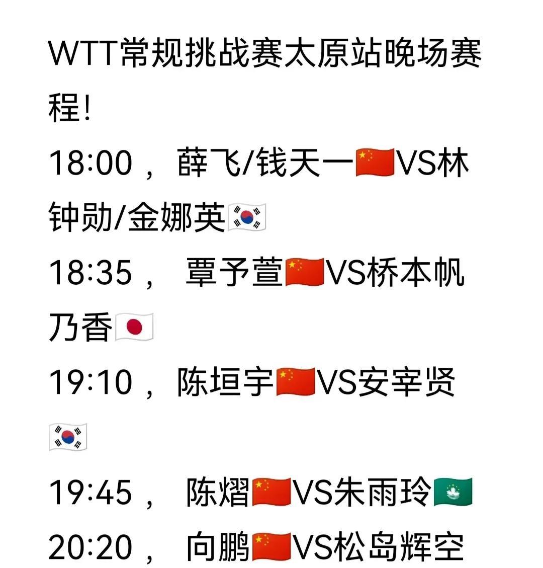 WTT常规挑战赛太原站，今天晚上有混双决赛，男单半决赛，女单半决赛。
18点混双
