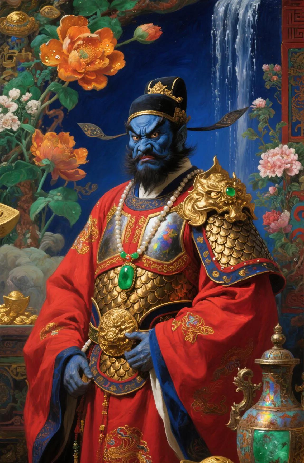 钟馗威风三尺剑，怒目虬髯驱邪念。斩妖除魔保平安，福运财运全来占。
红脸钟馗真威风