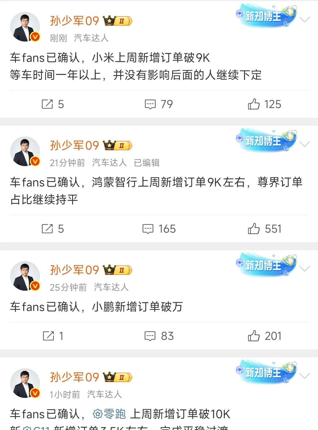 [吃瓜群众][吃瓜群众]孙少军：小米上周新增订单9000+，等车超过1年，但是不