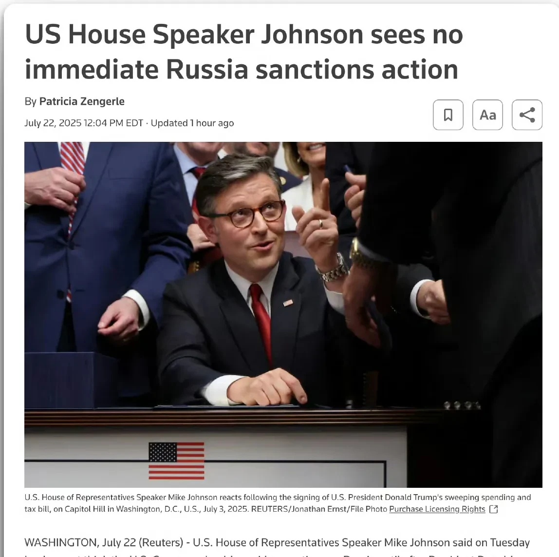 美国众议院议长约翰逊周二表示，他认为美国国会不应该在特朗普为莫斯科设定的50 天