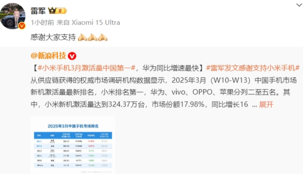 时隔12天，雷军终于再次更新微博，这次小米稳了。
今天中午，雷军转发微博并评论“