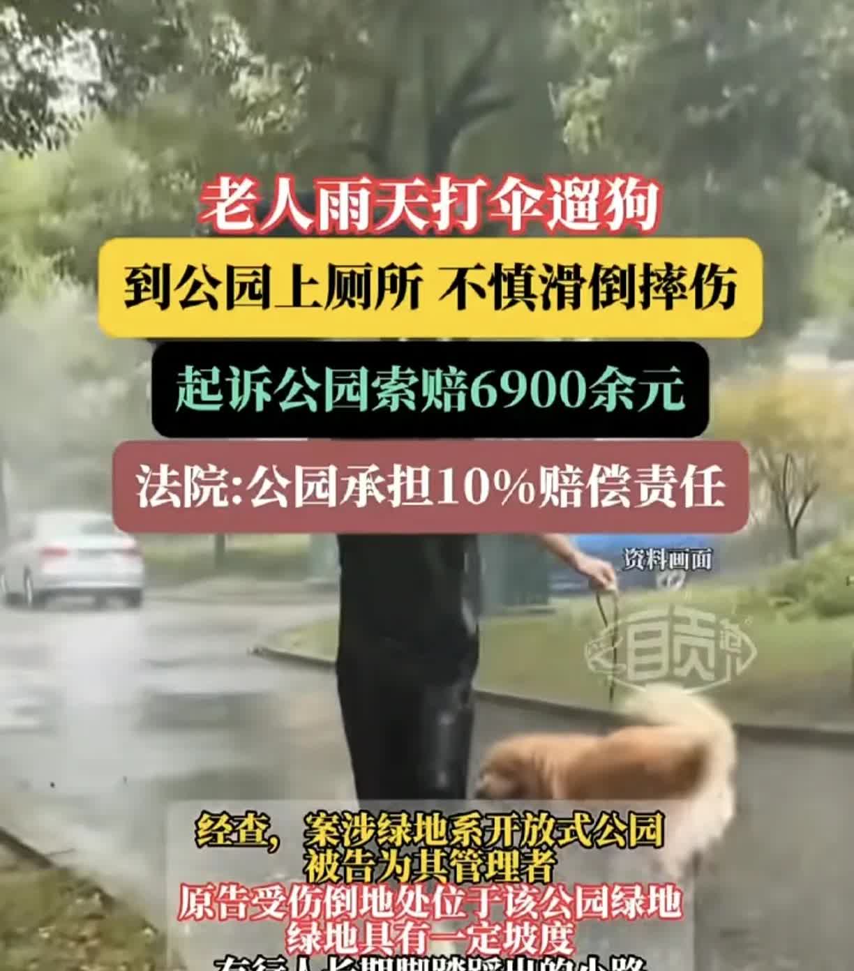 近日媒体报道：老人下雨天打伞遛狗，到公园上厕所不慎滑倒摔伤，法院判公园承担10%