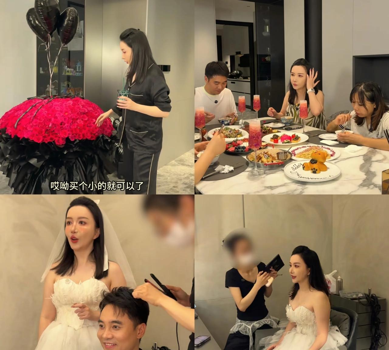 王若晰和老公过17周年纪念日！姐夫一大早就买了超大束玫瑰花，乐乐在家做了精致的美