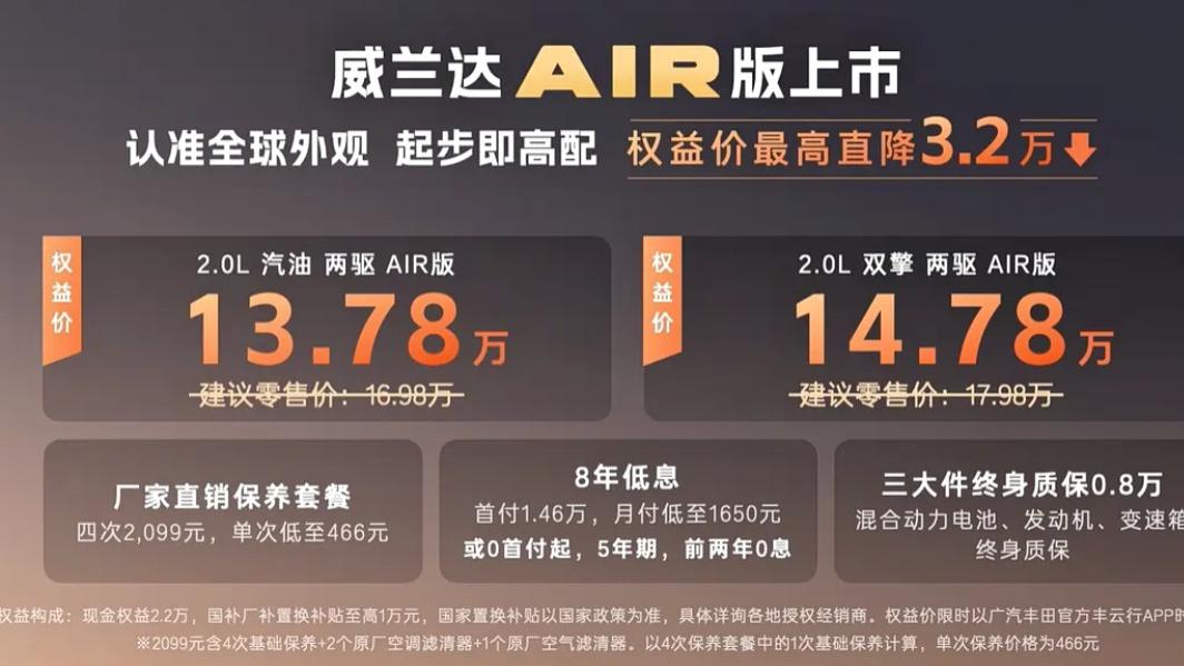 全新广汽丰田威兰达Air版上市，限时权益价13.78万起
