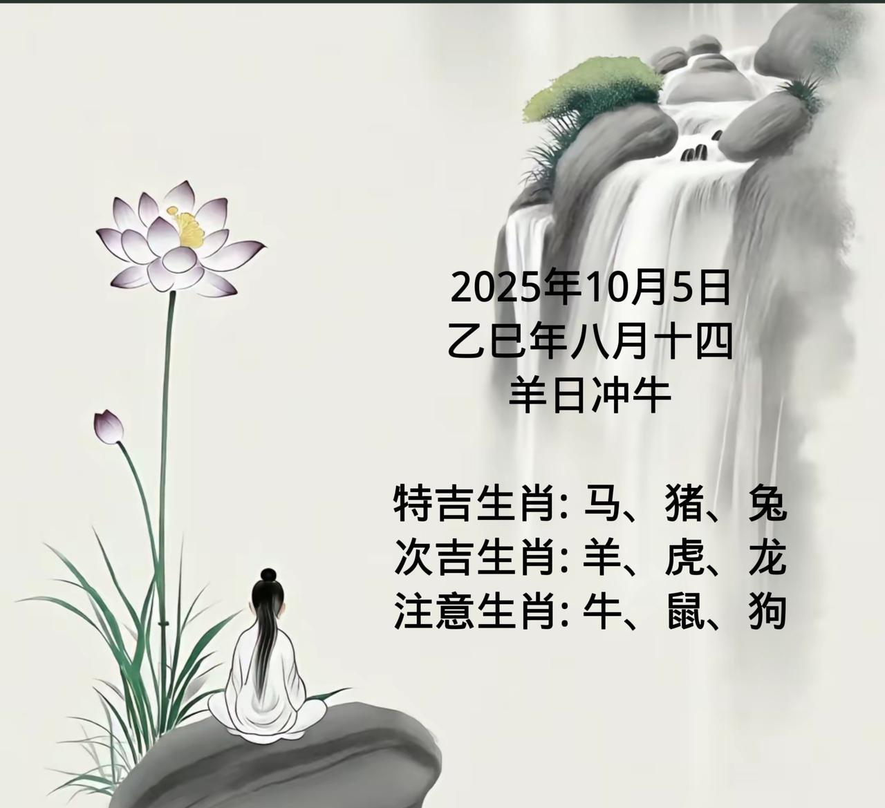 2025年10月5日
乙巳年八月十四
羊日冲牛
特吉生肖: 马、猪、兔
次吉生肖