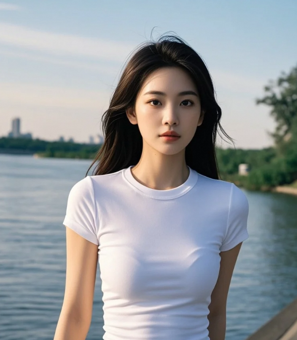 碧水蓝天作背景，她如画中仙子踏浪而来
