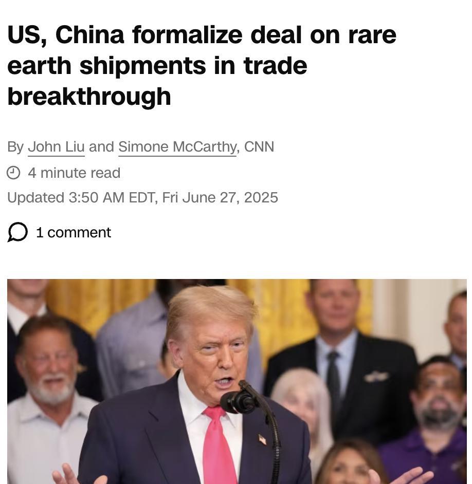 外媒：美国总统特朗普和商务部长霍华德·卢特尼克宣布，美中已达成一项协议，以解决美