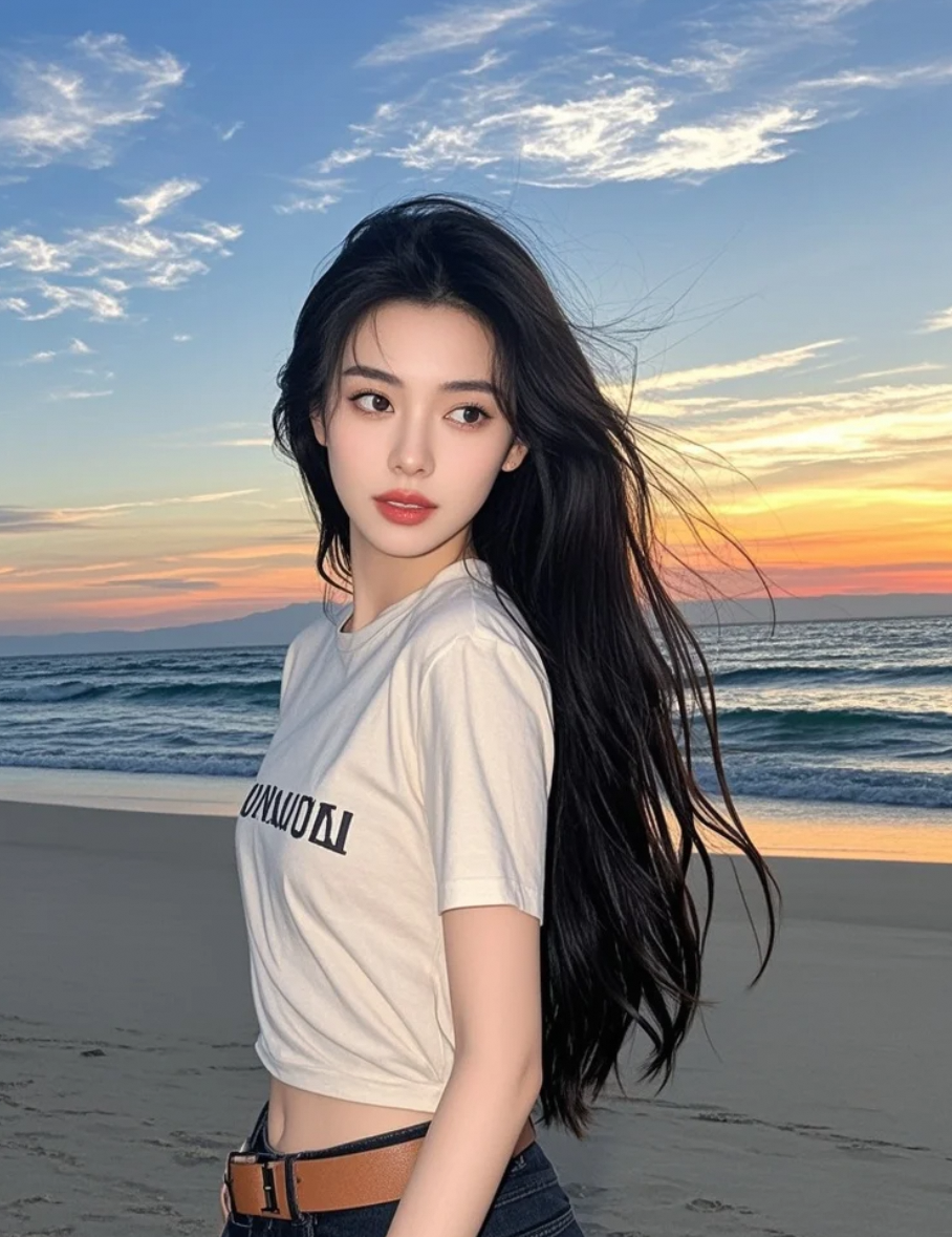 夕阳下她漫步沙滩，发丝在风中轻盈舞动