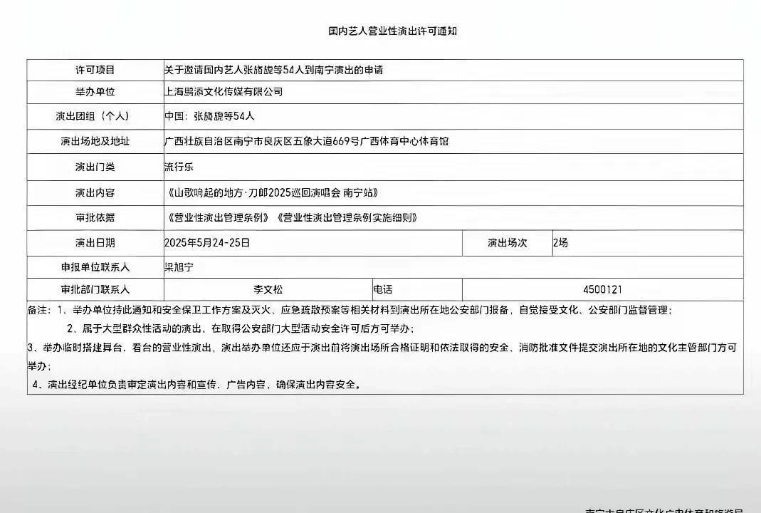 大伙儿发现没？ 刀郎演唱会南宁站的审批文件上明明白白写着"邀请国内艺人张旖旎等5