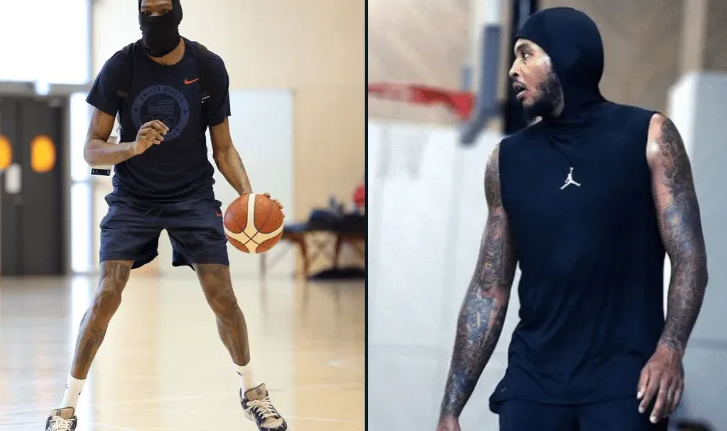 火箭自媒体COACH晒出火箭新援凯文-杜兰特休赛期蒙面训练旧照片。
杜兰特在篮网