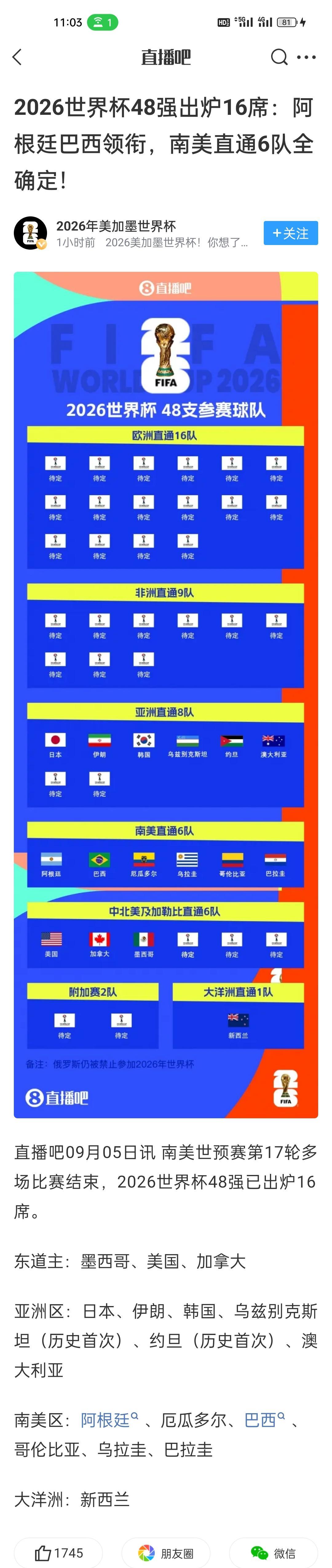 2026世界杯48强出炉16席：阿根廷巴西领衔，南美直通6队全确定！
梅西等到他