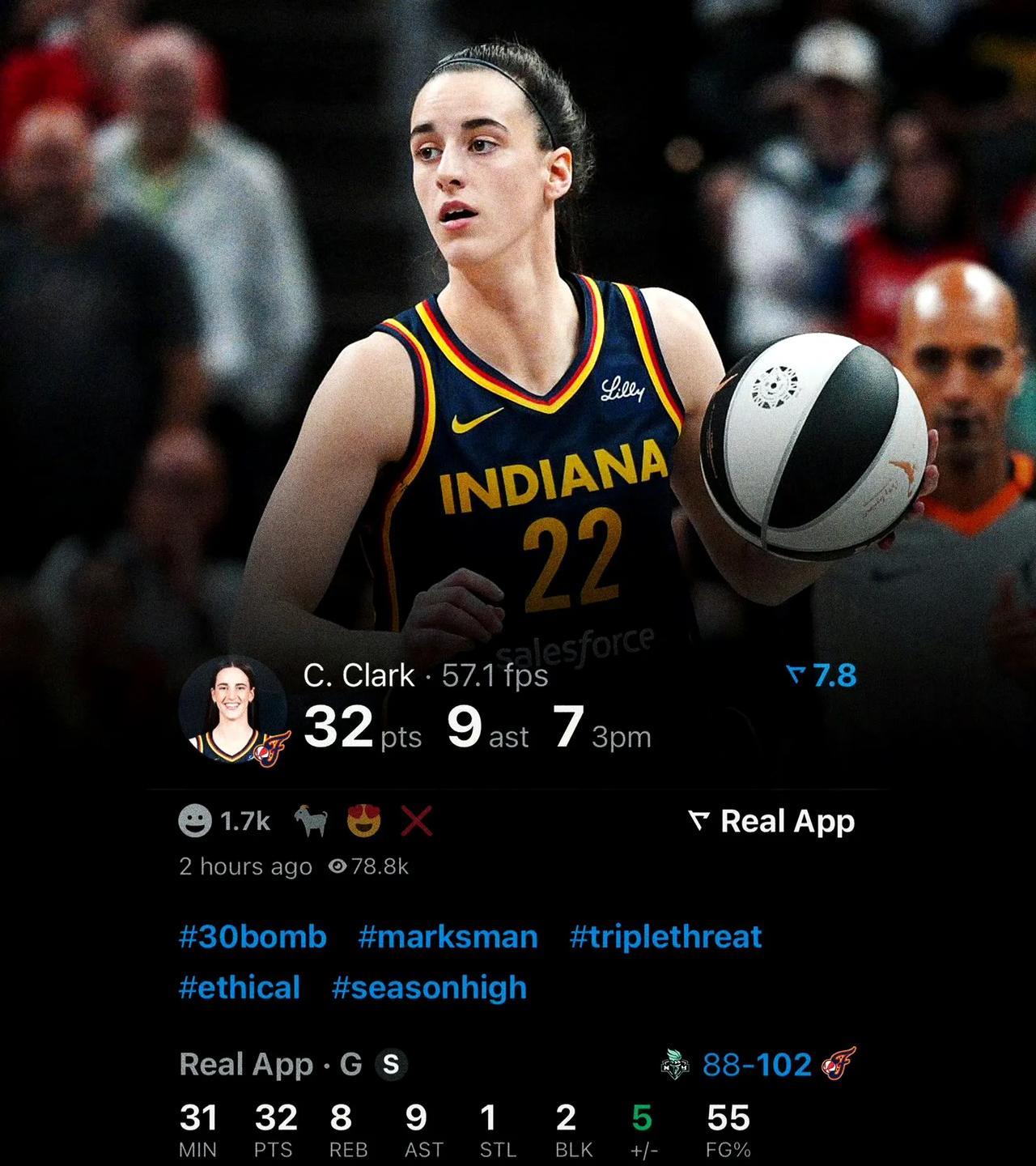 WNBA球星凯特琳·克拉克因伤缺席5场比赛后复出，砍下32分带领印第安纳狂热队1