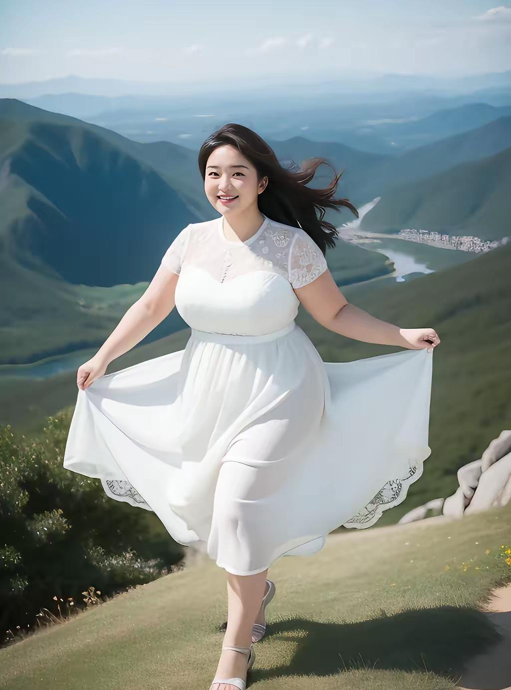 《打油诗.天地共舞》
青山作幕风作裳，
白裙飘起飞鸟忙。
胖妞笑对天地广，
裙摆