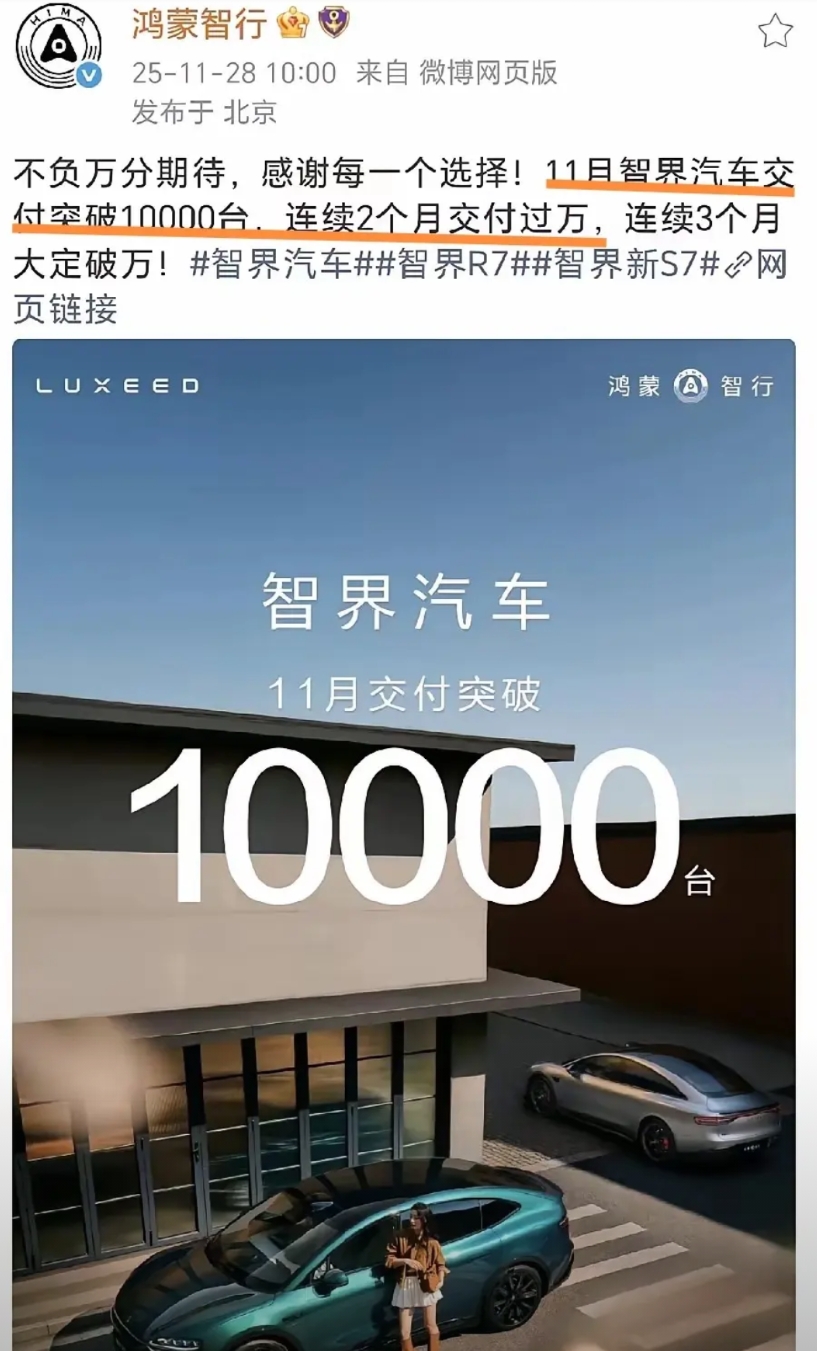 11月还没结束就迫不及待公布11月销量!鸿蒙智行的智界卖爆了吗？

连两天都忍不