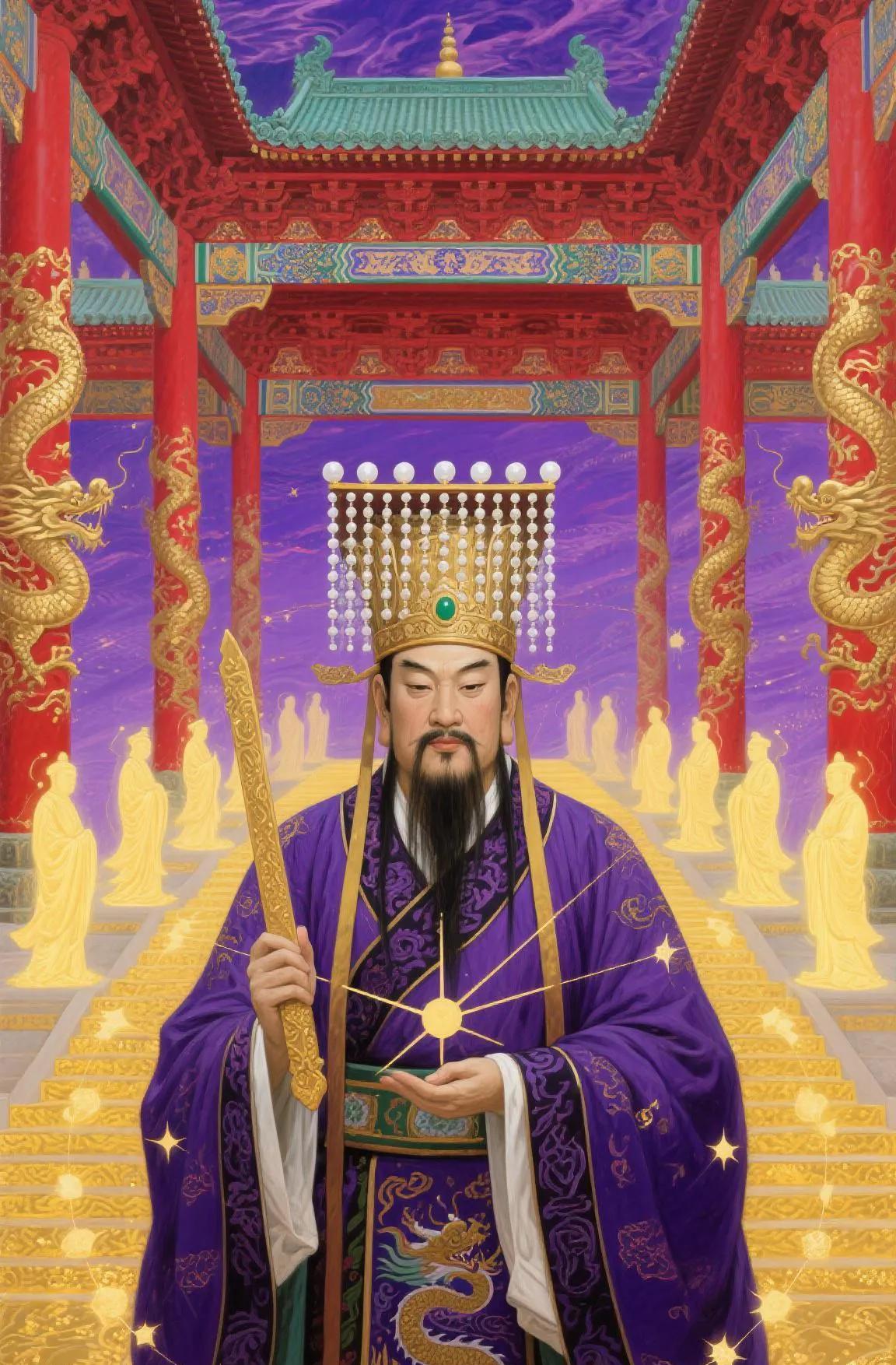 紫微大帝坐明堂，手持金印放毫光，
星辰运转由他掌，邪祟妖氛不敢猖，
赐福消灾降祥